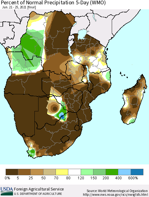 Southern Africa Percent of Normal Precipitation 5-Day (WMO) Thematic Map For 6/21/2021 - 6/25/2021