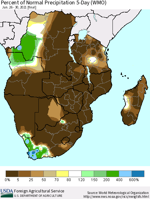 Southern Africa Percent of Normal Precipitation 5-Day (WMO) Thematic Map For 6/26/2021 - 6/30/2021