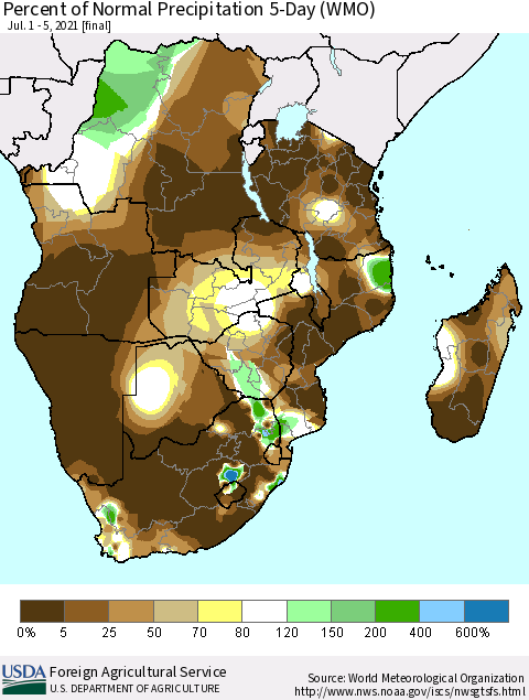 Southern Africa Percent of Normal Precipitation 5-Day (WMO) Thematic Map For 7/1/2021 - 7/5/2021
