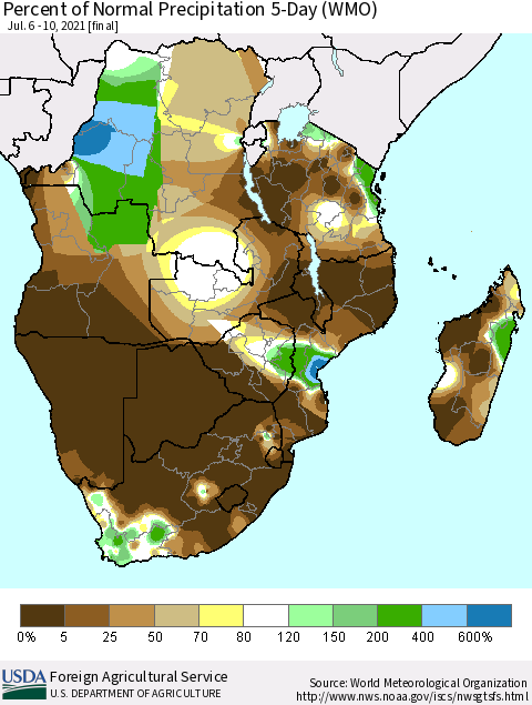 Southern Africa Percent of Normal Precipitation 5-Day (WMO) Thematic Map For 7/6/2021 - 7/10/2021