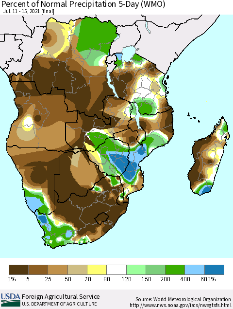 Southern Africa Percent of Normal Precipitation 5-Day (WMO) Thematic Map For 7/11/2021 - 7/15/2021