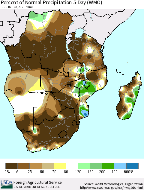 Southern Africa Percent of Normal Precipitation 5-Day (WMO) Thematic Map For 7/16/2021 - 7/20/2021