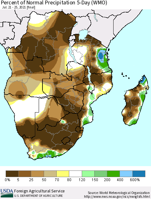 Southern Africa Percent of Normal Precipitation 5-Day (WMO) Thematic Map For 7/21/2021 - 7/25/2021