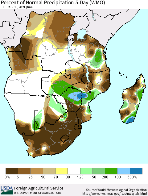 Southern Africa Percent of Normal Precipitation 5-Day (WMO) Thematic Map For 7/26/2021 - 7/31/2021