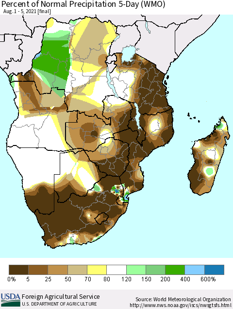 Southern Africa Percent of Normal Precipitation 5-Day (WMO) Thematic Map For 8/1/2021 - 8/5/2021