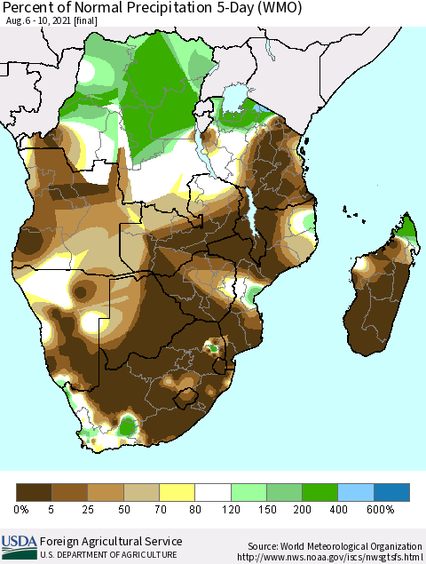 Southern Africa Percent of Normal Precipitation 5-Day (WMO) Thematic Map For 8/6/2021 - 8/10/2021
