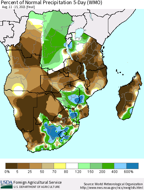 Southern Africa Percent of Normal Precipitation 5-Day (WMO) Thematic Map For 8/11/2021 - 8/15/2021