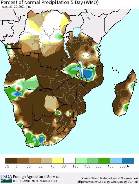 Southern Africa Percent of Normal Precipitation 5-Day (WMO) Thematic Map For 8/16/2021 - 8/20/2021