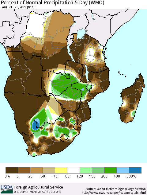 Southern Africa Percent of Normal Precipitation 5-Day (WMO) Thematic Map For 8/21/2021 - 8/25/2021