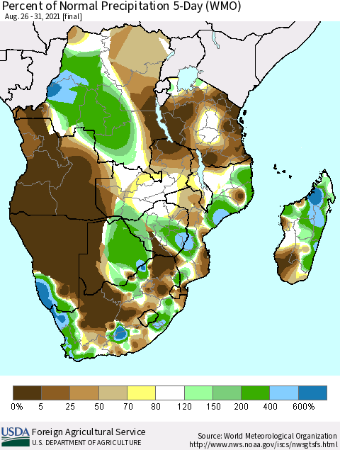 Southern Africa Percent of Normal Precipitation 5-Day (WMO) Thematic Map For 8/26/2021 - 8/31/2021