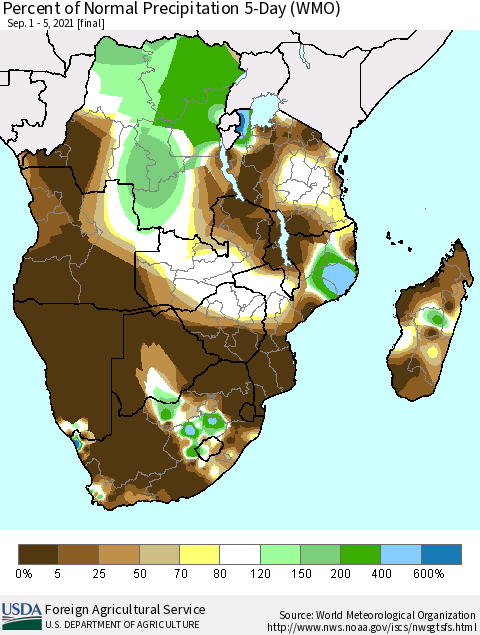 Southern Africa Percent of Normal Precipitation 5-Day (WMO) Thematic Map For 9/1/2021 - 9/5/2021
