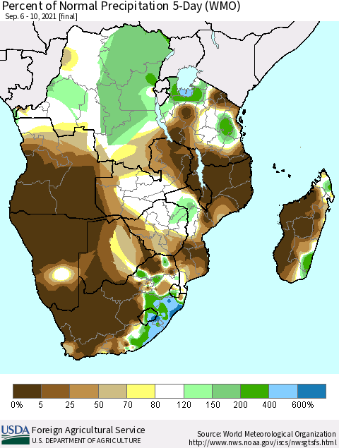 Southern Africa Percent of Normal Precipitation 5-Day (WMO) Thematic Map For 9/6/2021 - 9/10/2021