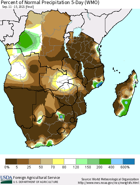 Southern Africa Percent of Normal Precipitation 5-Day (WMO) Thematic Map For 9/11/2021 - 9/15/2021