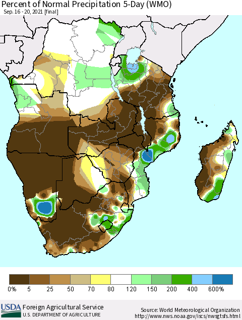 Southern Africa Percent of Normal Precipitation 5-Day (WMO) Thematic Map For 9/16/2021 - 9/20/2021