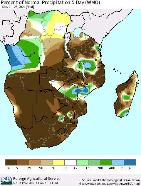 Southern Africa Percent of Normal Precipitation 5-Day (WMO) Thematic Map For 9/21/2021 - 9/25/2021