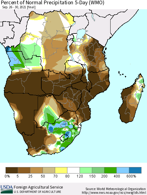 Southern Africa Percent of Normal Precipitation 5-Day (WMO) Thematic Map For 9/26/2021 - 9/30/2021