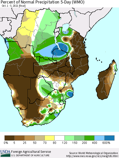 Southern Africa Percent of Normal Precipitation 5-Day (WMO) Thematic Map For 10/1/2021 - 10/5/2021