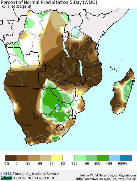 Southern Africa Percent of Normal Precipitation 5-Day (WMO) Thematic Map For 10/6/2021 - 10/10/2021