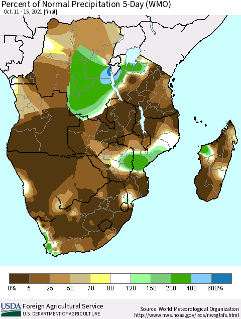 Southern Africa Percent of Normal Precipitation 5-Day (WMO) Thematic Map For 10/11/2021 - 10/15/2021