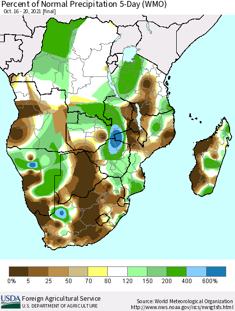 Southern Africa Percent of Normal Precipitation 5-Day (WMO) Thematic Map For 10/16/2021 - 10/20/2021