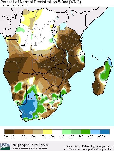 Southern Africa Percent of Normal Precipitation 5-Day (WMO) Thematic Map For 10/21/2021 - 10/25/2021