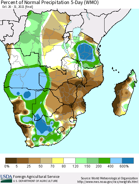 Southern Africa Percent of Normal Precipitation 5-Day (WMO) Thematic Map For 10/26/2021 - 10/31/2021