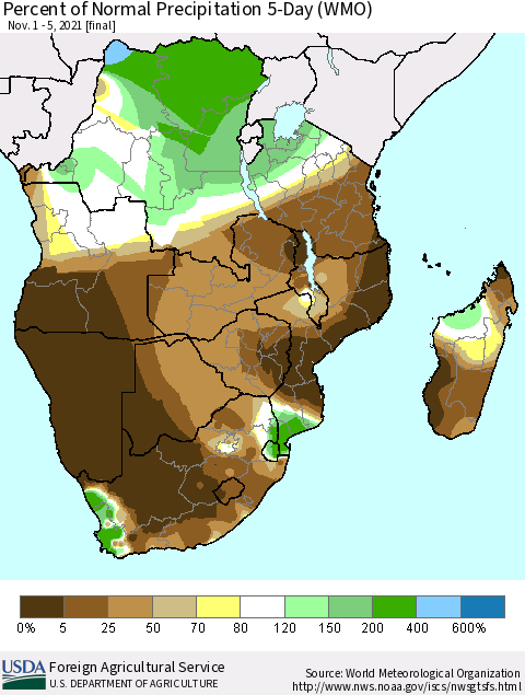 Southern Africa Percent of Normal Precipitation 5-Day (WMO) Thematic Map For 11/1/2021 - 11/5/2021