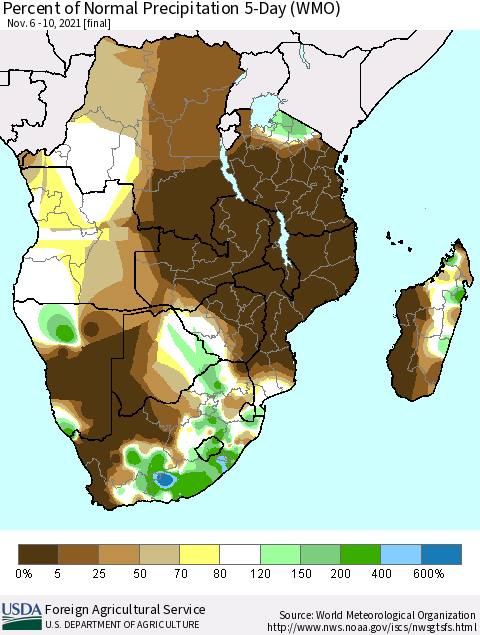 Southern Africa Percent of Normal Precipitation 5-Day (WMO) Thematic Map For 11/6/2021 - 11/10/2021
