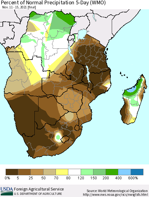 Southern Africa Percent of Normal Precipitation 5-Day (WMO) Thematic Map For 11/11/2021 - 11/15/2021