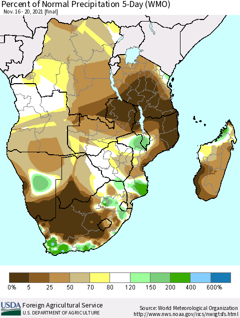 Southern Africa Percent of Normal Precipitation 5-Day (WMO) Thematic Map For 11/16/2021 - 11/20/2021