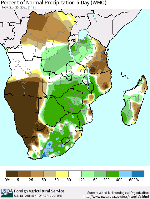 Southern Africa Percent of Normal Precipitation 5-Day (WMO) Thematic Map For 11/21/2021 - 11/25/2021