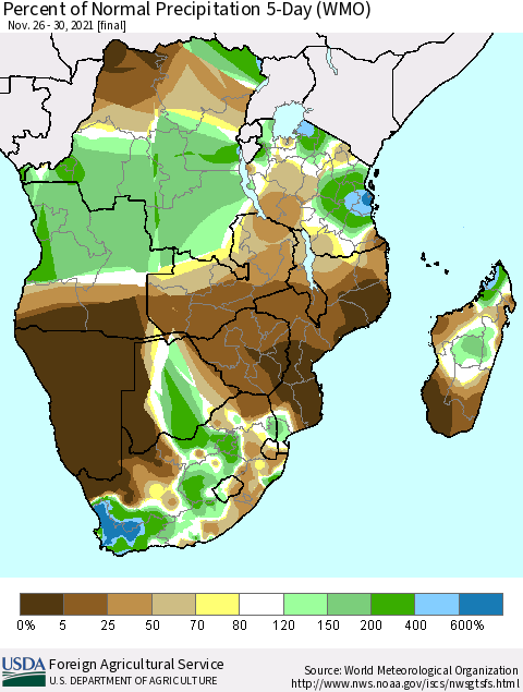Southern Africa Percent of Normal Precipitation 5-Day (WMO) Thematic Map For 11/26/2021 - 11/30/2021