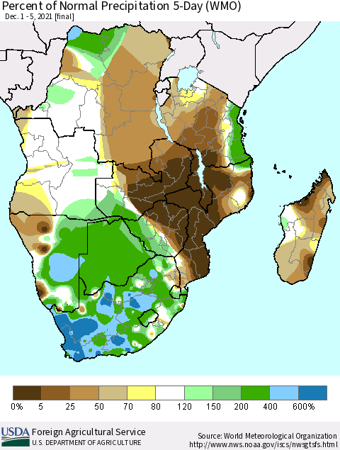 Southern Africa Percent of Normal Precipitation 5-Day (WMO) Thematic Map For 12/1/2021 - 12/5/2021
