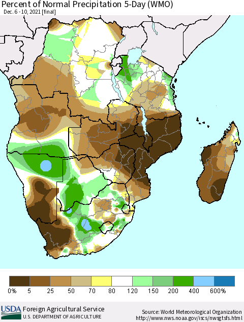 Southern Africa Percent of Normal Precipitation 5-Day (WMO) Thematic Map For 12/6/2021 - 12/10/2021