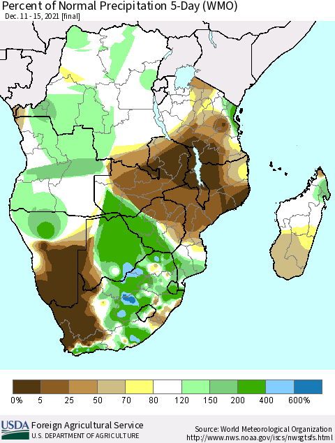 Southern Africa Percent of Normal Precipitation 5-Day (WMO) Thematic Map For 12/11/2021 - 12/15/2021