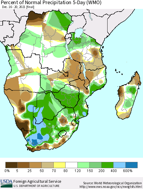 Southern Africa Percent of Normal Precipitation 5-Day (WMO) Thematic Map For 12/16/2021 - 12/20/2021
