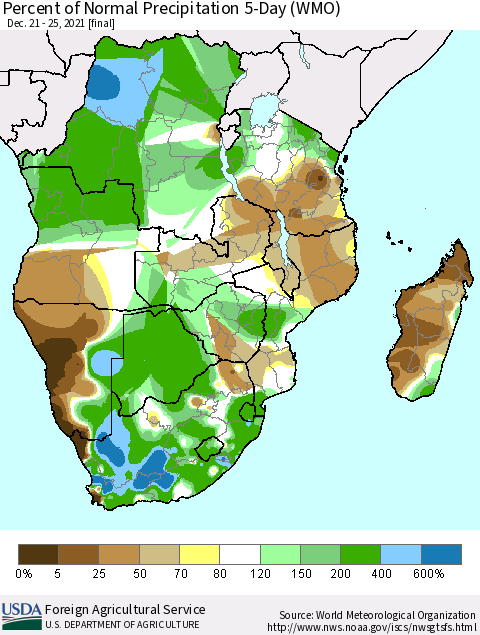 Southern Africa Percent of Normal Precipitation 5-Day (WMO) Thematic Map For 12/21/2021 - 12/25/2021