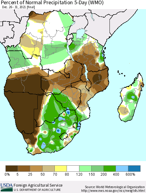 Southern Africa Percent of Normal Precipitation 5-Day (WMO) Thematic Map For 12/26/2021 - 12/31/2021