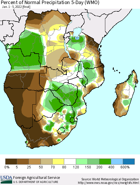 Southern Africa Percent of Normal Precipitation 5-Day (WMO) Thematic Map For 1/1/2022 - 1/5/2022