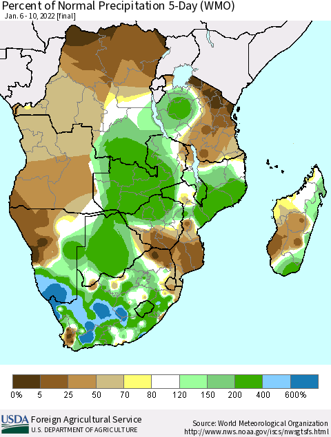 Southern Africa Percent of Normal Precipitation 5-Day (WMO) Thematic Map For 1/6/2022 - 1/10/2022