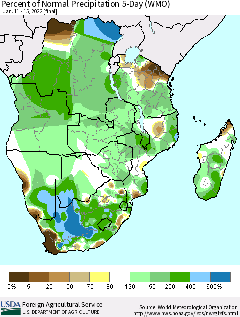 Southern Africa Percent of Normal Precipitation 5-Day (WMO) Thematic Map For 1/11/2022 - 1/15/2022