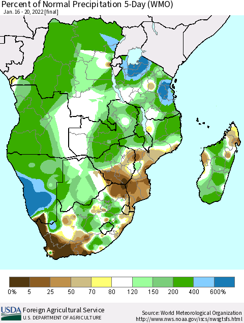 Southern Africa Percent of Normal Precipitation 5-Day (WMO) Thematic Map For 1/16/2022 - 1/20/2022