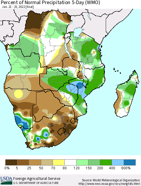 Southern Africa Percent of Normal Precipitation 5-Day (WMO) Thematic Map For 1/21/2022 - 1/25/2022