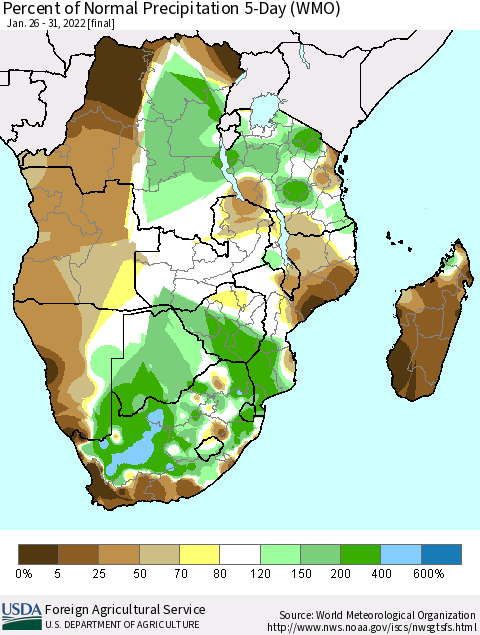 Southern Africa Percent of Normal Precipitation 5-Day (WMO) Thematic Map For 1/26/2022 - 1/31/2022