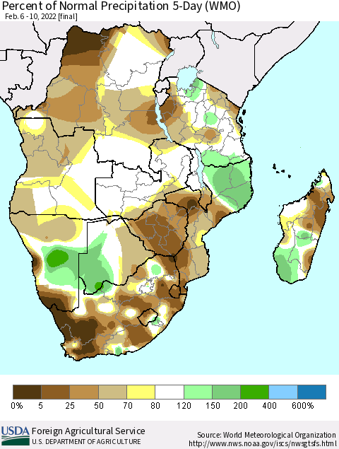 Southern Africa Percent of Normal Precipitation 5-Day (WMO) Thematic Map For 2/6/2022 - 2/10/2022