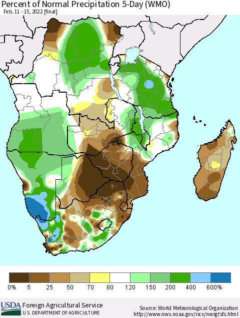Southern Africa Percent of Normal Precipitation 5-Day (WMO) Thematic Map For 2/11/2022 - 2/15/2022