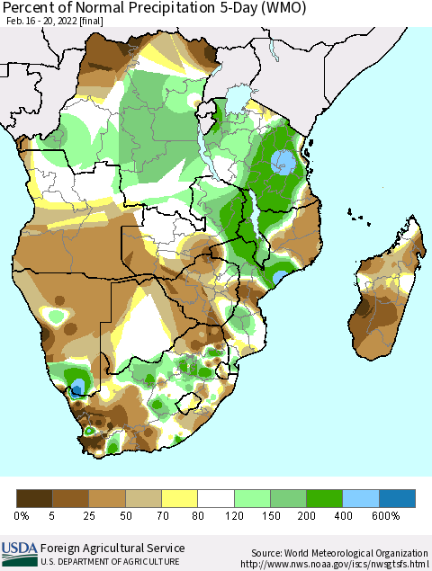 Southern Africa Percent of Normal Precipitation 5-Day (WMO) Thematic Map For 2/16/2022 - 2/20/2022