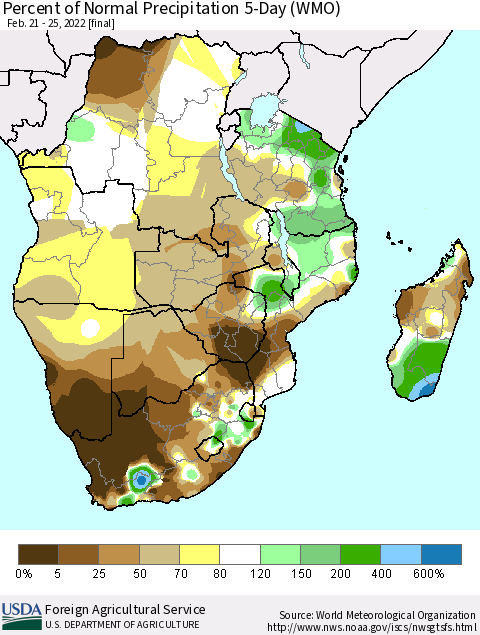 Southern Africa Percent of Normal Precipitation 5-Day (WMO) Thematic Map For 2/21/2022 - 2/25/2022