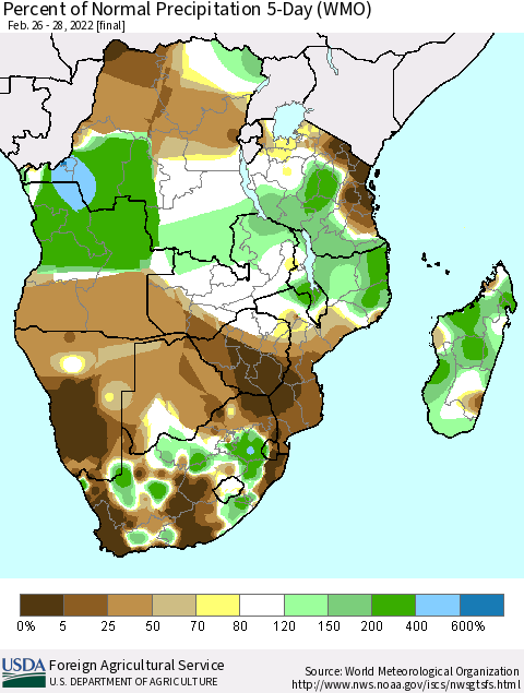 Southern Africa Percent of Normal Precipitation 5-Day (WMO) Thematic Map For 2/26/2022 - 2/28/2022
