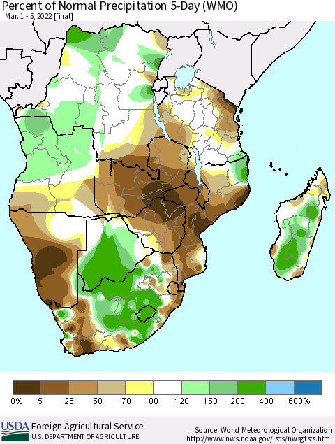 Southern Africa Percent of Normal Precipitation 5-Day (WMO) Thematic Map For 3/1/2022 - 3/5/2022